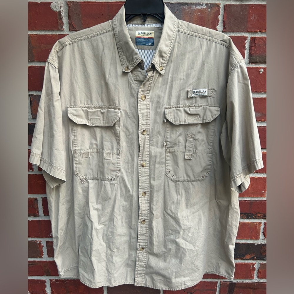 Magellan Khaki Short Sleeve Button Down Vented Fishing Shirt w/ Pockets XXL G2